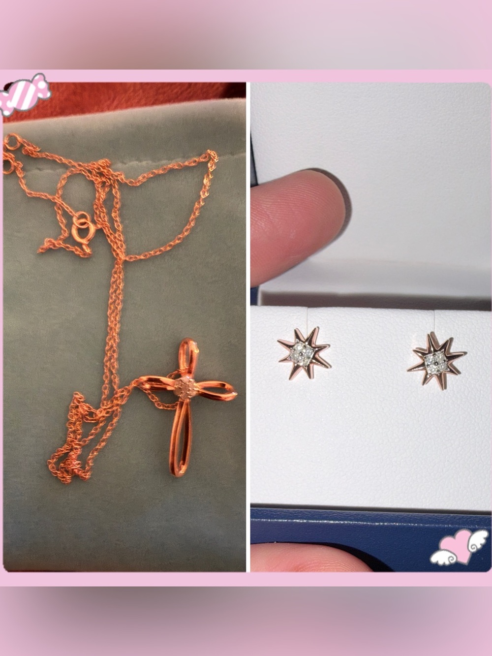 BUNDLE!Rose Gold Cross Necklace and Starburst Stud Earring Set NATURAL DIAMOND